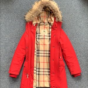 Burberry Red Winter Coat with Fur Hood Size Small